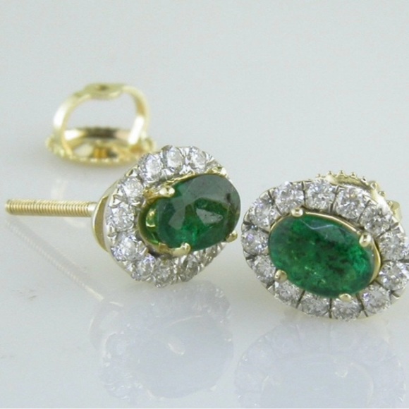 14k emerald and diamond halo style earrings